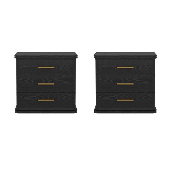 English Elm Nightstand with Three Drawers in Warm Wood Grain Laminate for Modern Bedroom Storage Black B365P504345