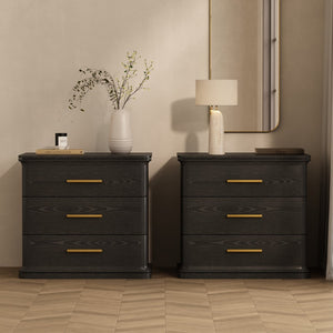English Elm Nightstand with Three Drawers in Warm Wood Grain Laminate for Modern Bedroom Storage Black B365P504345