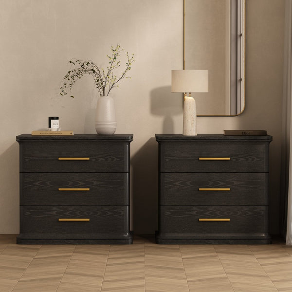 English Elm Nightstand with Three Drawers in Warm Wood Grain Laminate for Modern Bedroom Storage Black B365P504345