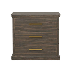 English Elm Nightstand with Three Drawers in Warm Wood Grain Laminate for Modern Bedroom Storage Walnut B365P504346