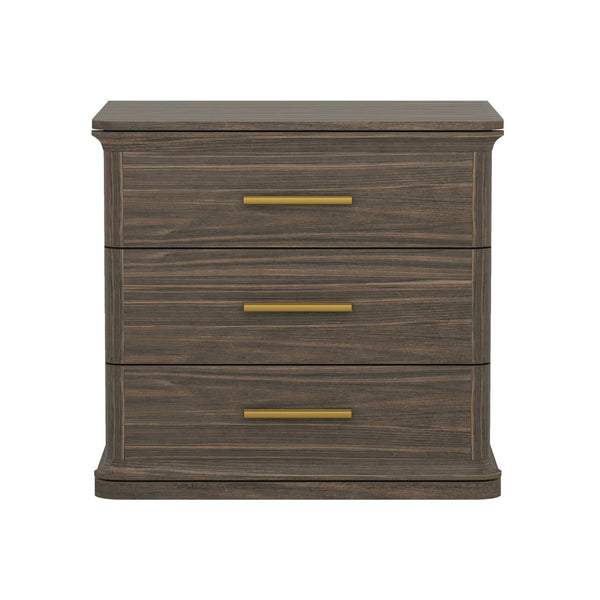 English Elm Nightstand with Three Drawers in Warm Wood Grain Laminate for Modern Bedroom Storage Walnut B365P504346
