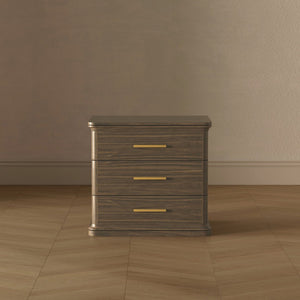 English Elm Nightstand with Three Drawers in Warm Wood Grain Laminate for Modern Bedroom Storage Walnut B365P504346