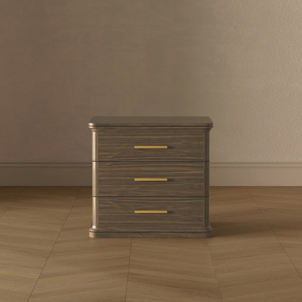 English Elm Nightstand with Three Drawers in Warm Wood Grain Laminate for Modern Bedroom Storage Walnut B365P504346