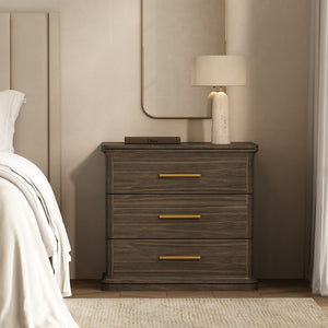 English Elm Nightstand with Three Drawers in Warm Wood Grain Laminate for Modern Bedroom Storage Walnut B365P504346