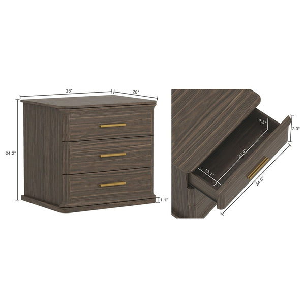 English Elm Nightstand with Three Drawers in Warm Wood Grain Laminate for Modern Bedroom Storage Walnut B365P504346