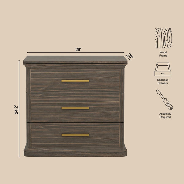 English Elm Nightstand with Three Drawers in Warm Wood Grain Laminate for Modern Bedroom Storage Walnut B365P504346