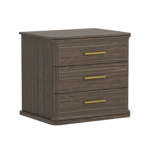 English Elm Nightstand with Three Drawers in Warm Wood Grain Laminate for Modern Bedroom Storage Walnut B365P504346