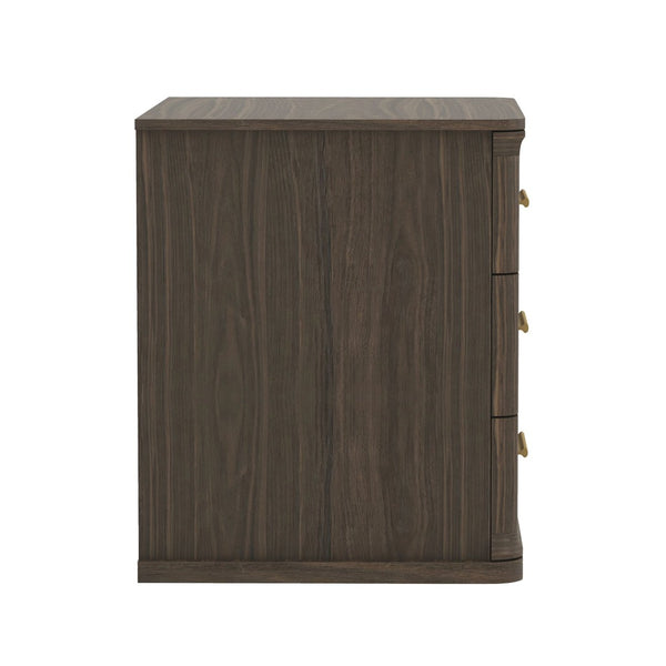 English Elm Nightstand with Three Drawers in Warm Wood Grain Laminate for Modern Bedroom Storage Walnut B365P504346