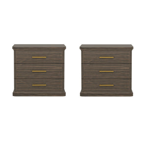 English Elm Nightstand with Three Drawers in Warm Wood Grain Laminate for Modern Bedroom Storage Walnut B365P504346