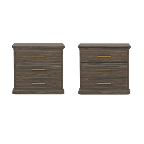 English Elm Nightstand with Three Drawers in Warm Wood Grain Laminate for Modern Bedroom Storage Walnut B365P504346