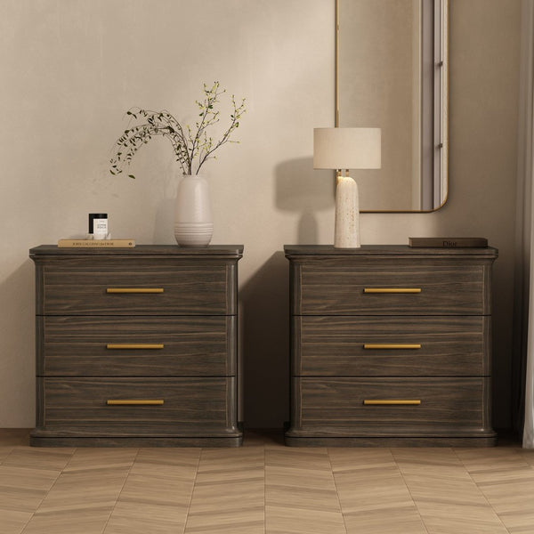 English Elm Nightstand with Three Drawers in Warm Wood Grain Laminate for Modern Bedroom Storage Walnut B365P504346
