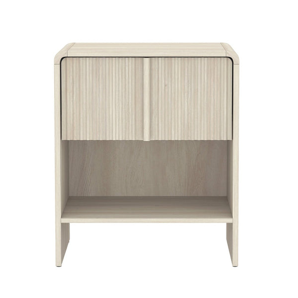 English Elm Nightstand with Fluted Drawer Front Open Shelf and Whitewashed Wood Grain Finish Oak B365P504347