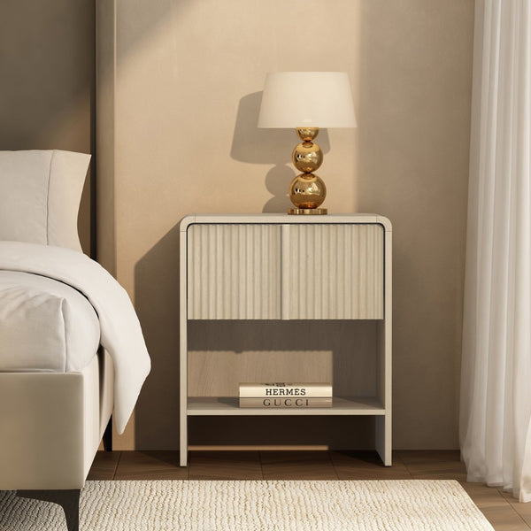 English Elm Nightstand with Fluted Drawer Front Open Shelf and Whitewashed Wood Grain Finish Oak B365P504347