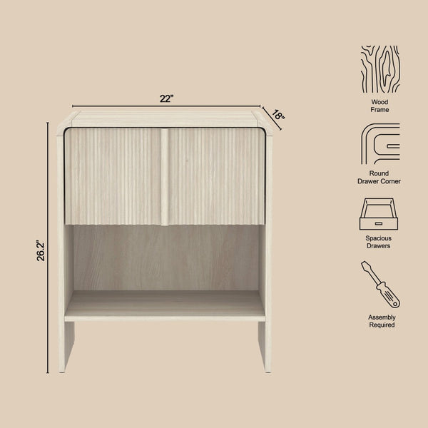 English Elm Nightstand with Fluted Drawer Front Open Shelf and Whitewashed Wood Grain Finish Oak B365P504347