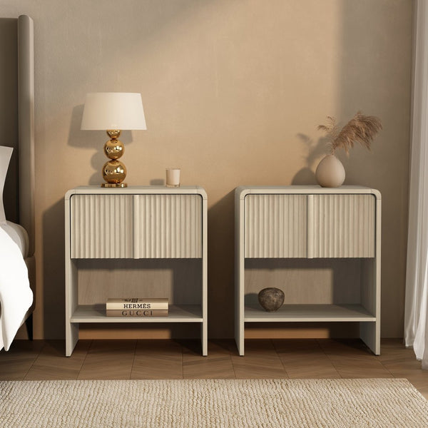 English Elm Nightstand with Fluted Drawer Front Open Shelf and Whitewashed Wood Grain Finish Oak B365P504347
