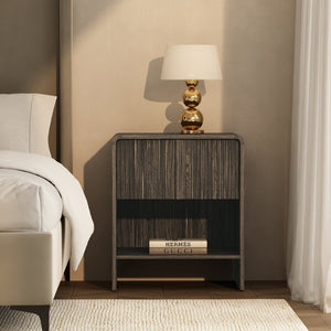 English Elm Nightstand with Fluted Drawer Front Open Shelf and Whitewashed Wood Grain Finish Dark Walnut B365P504348