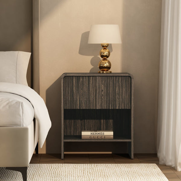 English Elm Nightstand with Fluted Drawer Front Open Shelf and Whitewashed Wood Grain Finish Dark Walnut B365P504348