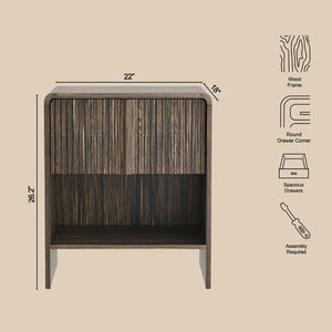 English Elm Nightstand with Fluted Drawer Front Open Shelf and Whitewashed Wood Grain Finish Dark Walnut B365P504348