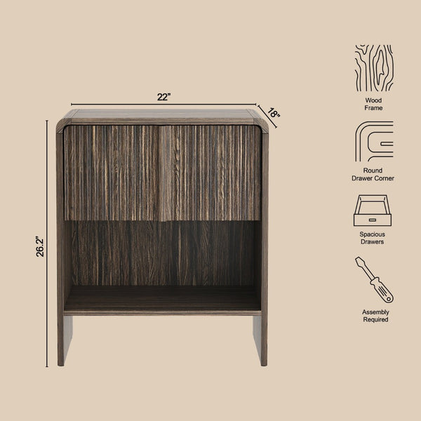 English Elm Nightstand with Fluted Drawer Front Open Shelf and Whitewashed Wood Grain Finish Dark Walnut B365P504348