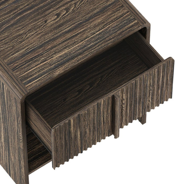 English Elm Nightstand with Fluted Drawer Front Open Shelf and Whitewashed Wood Grain Finish Dark Walnut B365P504348