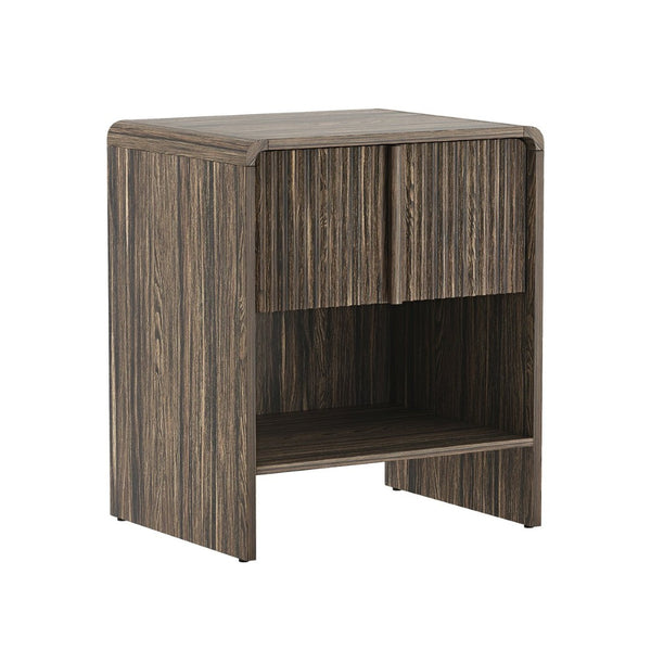 English Elm Nightstand with Fluted Drawer Front Open Shelf and Whitewashed Wood Grain Finish Dark Walnut B365P504348