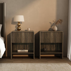 English Elm Nightstand with Fluted Drawer Front Open Shelf and Whitewashed Wood Grain Finish Dark Walnut B365P504348