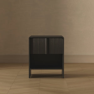 English Elm Nightstand with Fluted Drawer Front Open Shelf and Whitewashed Wood Grain Finish Black B365P504349