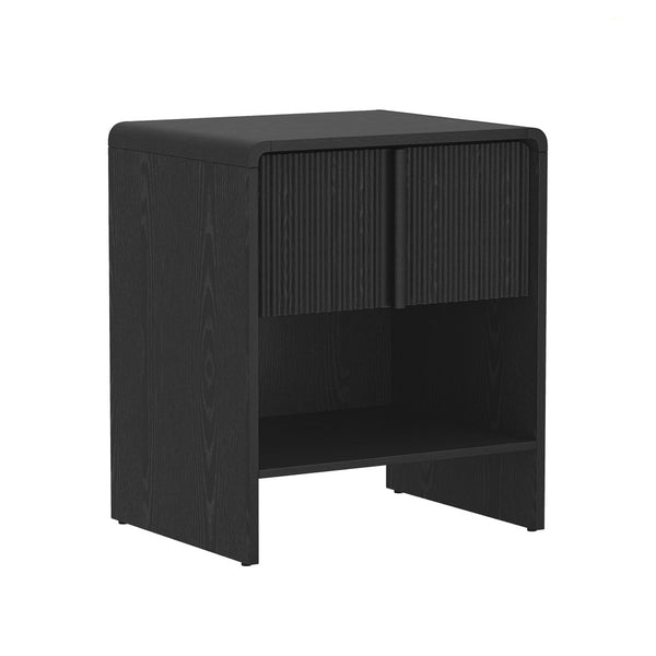 English Elm Nightstand with Fluted Drawer Front Open Shelf and Whitewashed Wood Grain Finish Black B365P504349