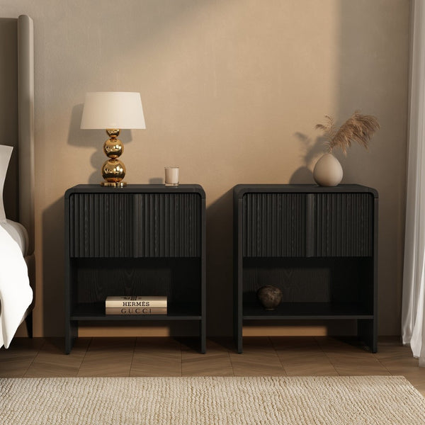 English Elm Nightstand with Fluted Drawer Front Open Shelf and Whitewashed Wood Grain Finish Black B365P504349