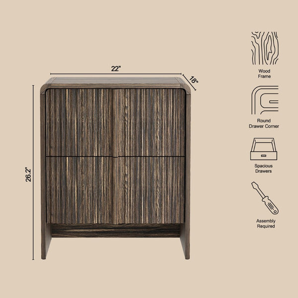 English Elm Nightstand with Fluted Drawers Whitewashed Finish Compact Bedside Table for Coastal Rooms Dark Walnut B365P504351