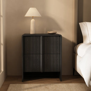 English Elm Nightstand with Fluted Drawers Whitewashed Finish Compact Bedside Table for Coastal Rooms Black B365P504352