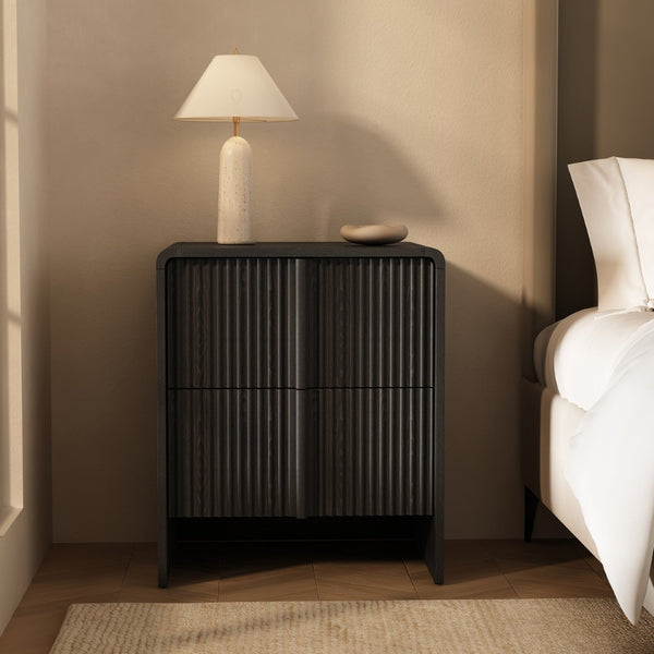 English Elm Nightstand with Fluted Drawers Whitewashed Finish Compact Bedside Table for Coastal Rooms Black B365P504352
