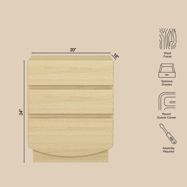 English Elm Nightstand with Three Drawers Handle-free Modern Design Warm Wood Grain Laminate Finish Oak B365P504353