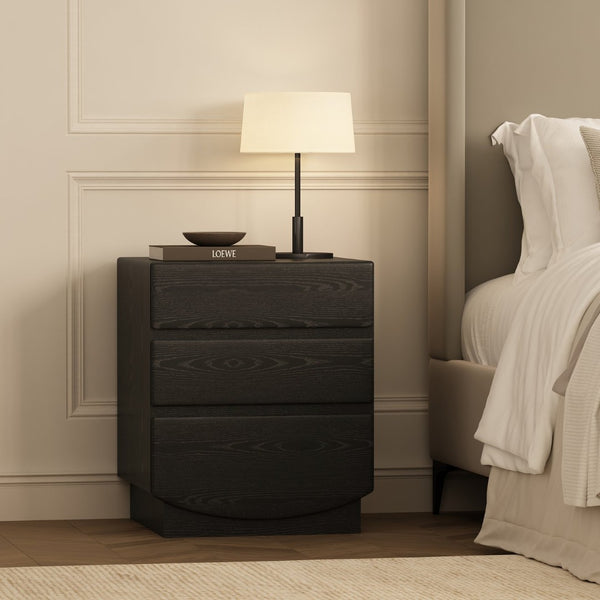 English Elm Nightstand with Three Drawers Handle-free Modern Design Warm Wood Grain Laminate Finish Black B365P504354