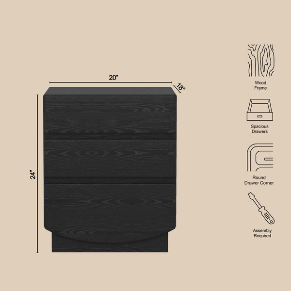 English Elm Nightstand with Three Drawers Handle-free Modern Design Warm Wood Grain Laminate Finish Black B365P504354