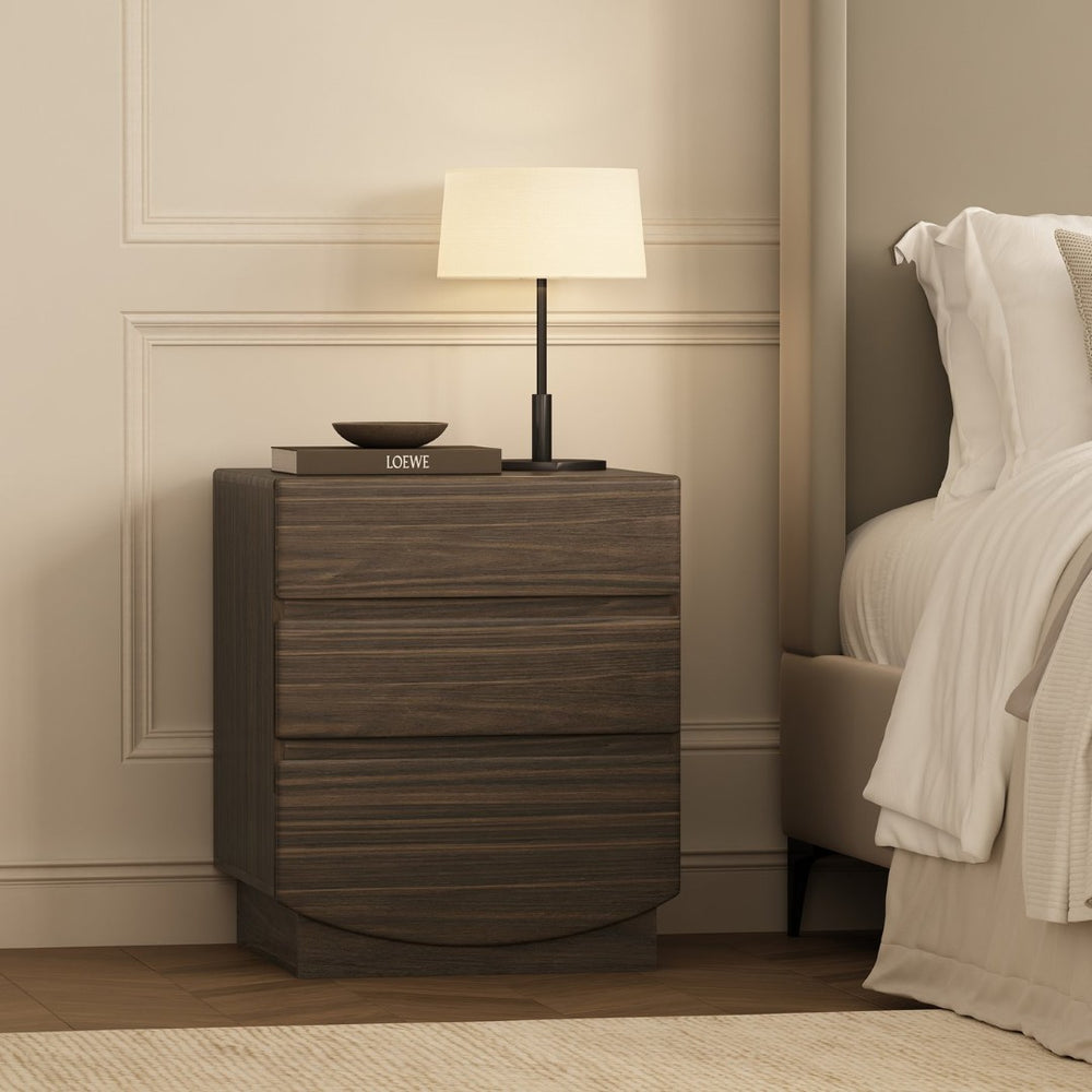 English Elm Nightstand with Three Drawers Handle-free Modern Design Warm Wood Grain Laminate Finish Walnut B365P504355