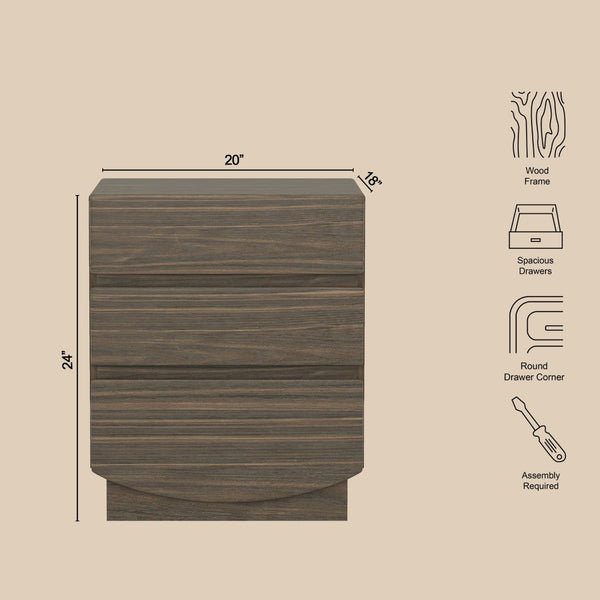 English Elm Nightstand with Three Drawers Handle-free Modern Design Warm Wood Grain Laminate Finish Walnut B365P504355