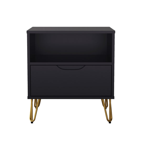 English Elm Nightstand with Single Drawer Open Shelf and Metal Legs for Modern Scandinavian Bedrooms Black B365P504356