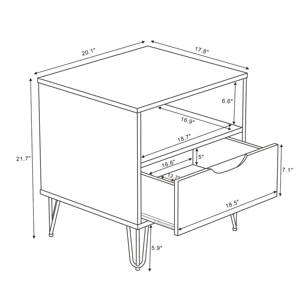 English Elm Nightstand with Single Drawer Open Shelf and Metal Legs for Modern Scandinavian Bedrooms Black B365P504356