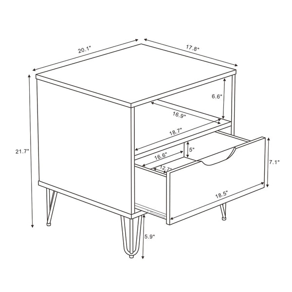 English Elm Nightstand with Single Drawer Open Shelf and Metal Legs for Modern Scandinavian Bedrooms Black B365P504356