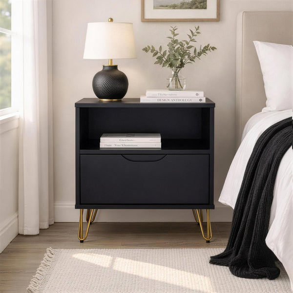 English Elm Nightstand with Single Drawer Open Shelf and Metal Legs for Modern Scandinavian Bedrooms Black B365P504356