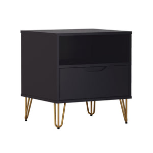 English Elm Nightstand with Single Drawer Open Shelf and Metal Legs for Modern Scandinavian Bedrooms Black B365P504356