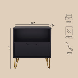 English Elm Nightstand with Single Drawer Open Shelf and Metal Legs for Modern Scandinavian Bedrooms Black B365P504356