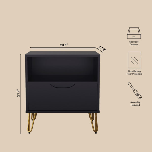English Elm Nightstand with Single Drawer Open Shelf and Metal Legs for Modern Scandinavian Bedrooms Black B365P504356