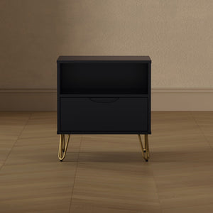 English Elm Nightstand with Single Drawer Open Shelf and Metal Legs for Modern Scandinavian Bedrooms Black B365P504356