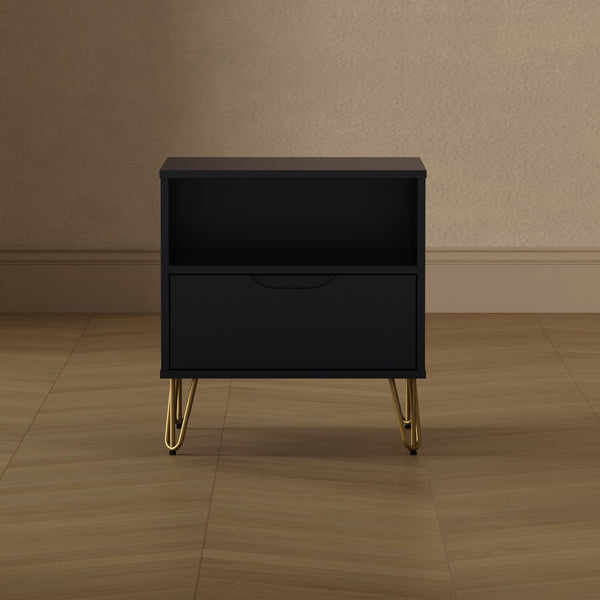 English Elm Nightstand with Single Drawer Open Shelf and Metal Legs for Modern Scandinavian Bedrooms Black B365P504356