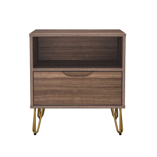 English Elm Nightstand with Single Drawer Open Shelf and Metal Legs for Modern Scandinavian Bedrooms Brown B365P504357