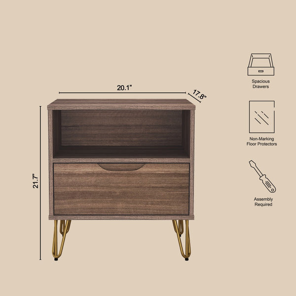 English Elm Nightstand with Single Drawer Open Shelf and Metal Legs for Modern Scandinavian Bedrooms Brown B365P504357