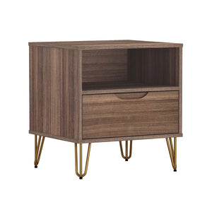 English Elm Nightstand with Single Drawer Open Shelf and Metal Legs for Modern Scandinavian Bedrooms Brown B365P504357