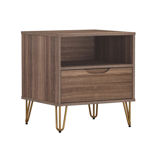English Elm Nightstand with Single Drawer Open Shelf and Metal Legs for Modern Scandinavian Bedrooms Brown B365P504357